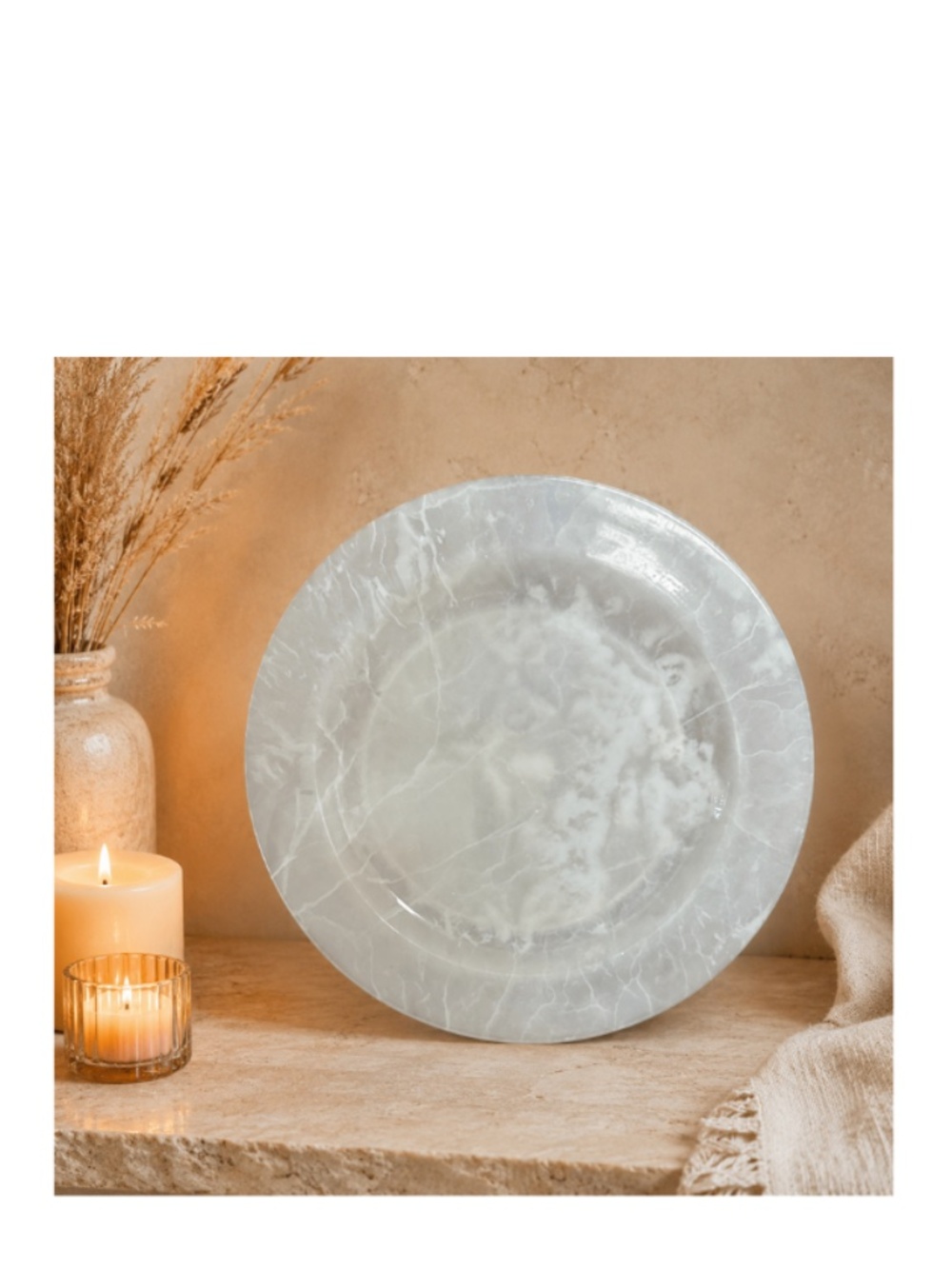 Pakistan Onyx Marble Plate / Alabaster Stone Dish – Translucent White Vein